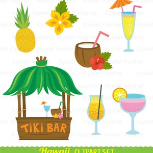 Puede incluir: Un conjunto de ilustraciones digitales coloridas para una fiesta con tem&aacute;tica hawaiana. El conjunto incluye un bar tiki, una pi&ntilde;a, un coco, una flor y cuatro c&oacute;cteles diferentes. El texto "Tiki Bar" est&aacute; en la parte delantera del bar.