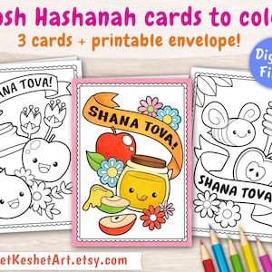 Rosh Hashanah cards to color. 3 coloring pages of Shana Tova cards. Cute kawaii printable greeting cards, instant download (PDF)