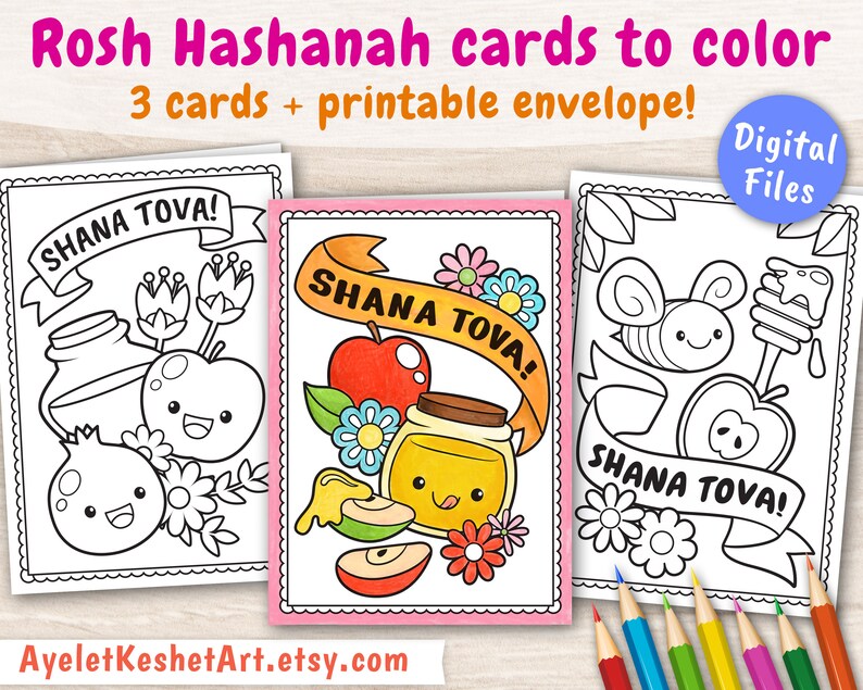Rosh Hashanah Cards to Color. 3 Coloring Pages of Shana Tova Cards ...
