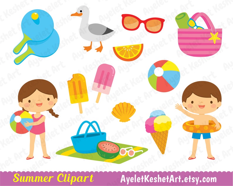 May include: A set of summer themed clipart images, including a girl holding a beach ball, a boy with a life preserver, a seagull, a beach bag, a watermelon, a popsicle, a beach ball, a pair of sunglasses, a seashell, a scoop of ice cream, and a pair of beach rackets.