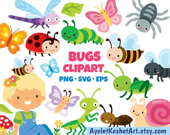 Bugs clipart set. Cute bugs and kids enjoying spring and nature. SVG, PNG, EPS. For personal & commercial use.