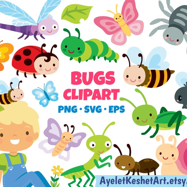 Bugs clipart set. Cute bugs and kids enjoying spring and nature. SVG, PNG, EPS. For personal & commercial use.