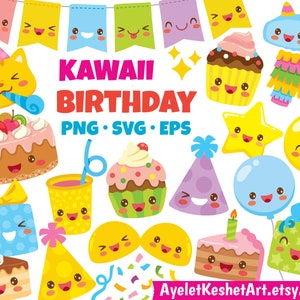Kawaii Birthday Clipart Set. Cute kawaii characters of birthday party icons. For personal & commercial use. PNG, SVG, EPS. Instant download.