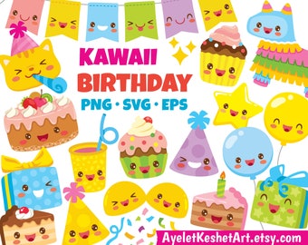 Kawaii Birthday Clipart Set. Cute kawaii characters of birthday party icons. For personal & commercial use. PNG, SVG, EPS. Instant download.