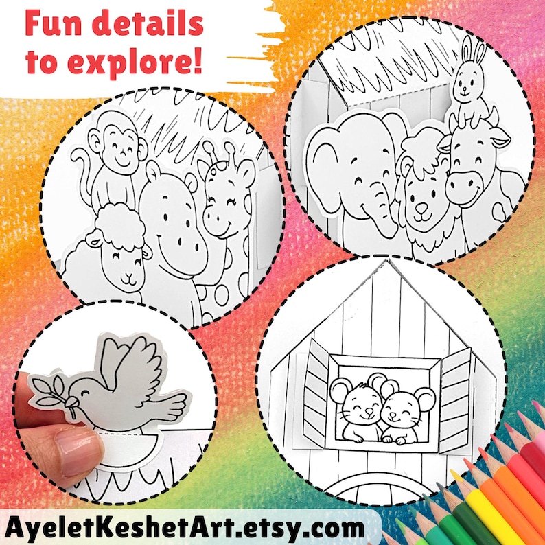 May include: A colorful image with the text "Fun details to explore!" and "AyeletKeshetArt.etsy.com". It features four circular illustrations of animals, including a monkey, giraffe, elephant, and mice, all in black and white.