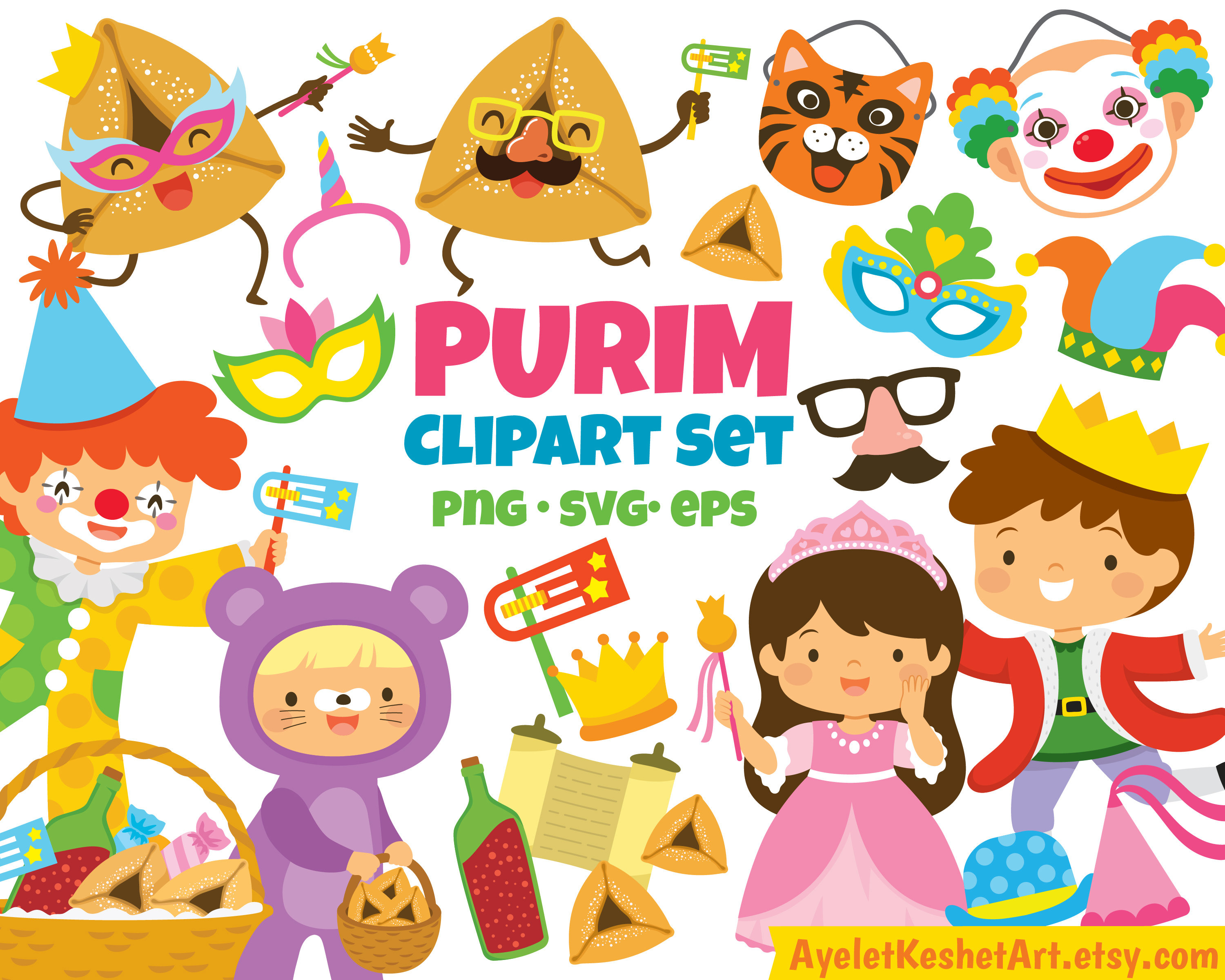 Purim Clipart Bundle. Cute Cartoons With Purim Symbols and Kids, for