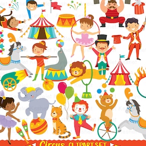 Op de afbeelding: Een digitale illustratieset met circusfiguren en objecten, waaronder een tent, een krachtpatser, een leeuw die door een hoepel springt, een clown, een olifant op een bal, een zeehond, een paard en een beer op een eenwieler met de tekst Circus CLIPART SET.