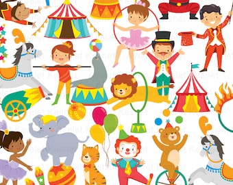 Circus clipart set. Cute illustrations of circus animals, people and items. For personal & commercial use. PNG, SVG, EPS vector files.