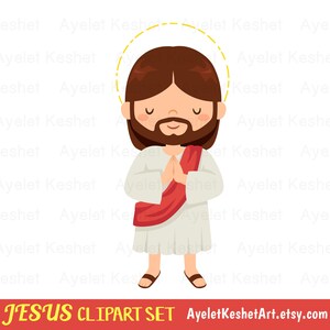 May include: A cartoon illustration of Jesus with a halo, praying with his hands clasped together. He is wearing a white robe and a red sash. The image is on a white background.