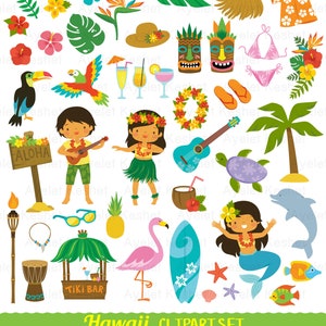 Puede incluir: Un conjunto de im&aacute;genes de clipart coloridas que presentan una variedad de elementos de tem&aacute;tica hawaiana, incluyendo una bailarina de hula, un jugador de ukelele, un flamenco, una tabla de surf, una palmera, una tortuga, un delf&iacute;n, un bar tiki, una pi&ntilde;a, un collar de flores, un coco, una flor de hibisco, una guitarra, un par de chanclas, un pez tropical, una estrella de mar, una concha, una sirena, un loro, un tuc&aacute;n, una m&aacute;scara tiki, un sombrero de paja, un collar, una pulsera, una antorcha, un tambor y un cartel que dice "Aloha".