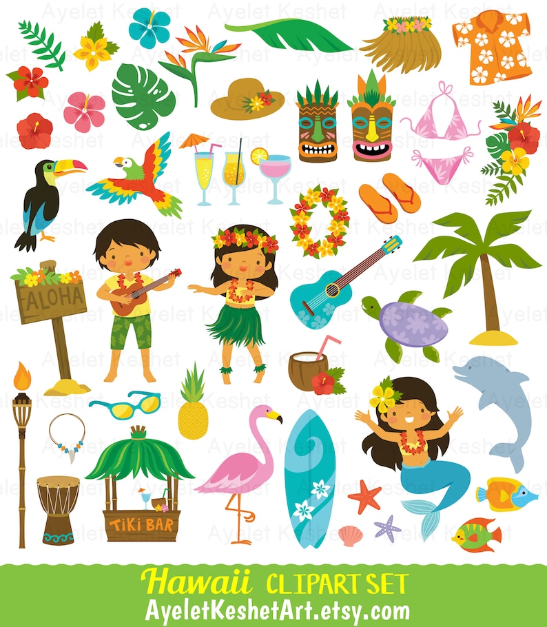 Puede incluir: Un conjunto de im&aacute;genes de clipart coloridas que presentan una variedad de elementos de tem&aacute;tica hawaiana, incluyendo una bailarina de hula, un jugador de ukelele, un flamenco, una tabla de surf, una palmera, una tortuga, un delf&iacute;n, un bar tiki, una pi&ntilde;a, un collar de flores, un coco, una flor de hibisco, una guitarra, un par de chanclas, un pez tropical, una estrella de mar, una concha, una sirena, un loro, un tuc&aacute;n, una m&aacute;scara tiki, un sombrero de paja, un collar, una pulsera, una antorcha, un tambor y un cartel que dice "Aloha".