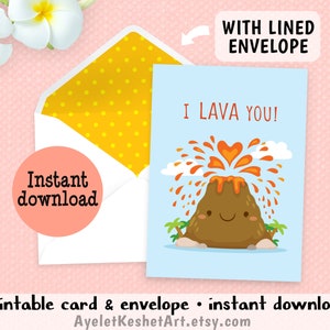 Tarjeta imprimible Te amo y sobre forrado - 'Te lavo'. Linda tarjeta punny kawaii para el Día de San Valentín/aniversario con forros de sobre.