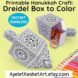 May include: Printable Hanukkah craft: Dreidel box to color. Two white dreidel-shaped boxes with intricate black line art designs. One box is open, revealing chocolate coins. The text "Instant Download" is in a blue circle.