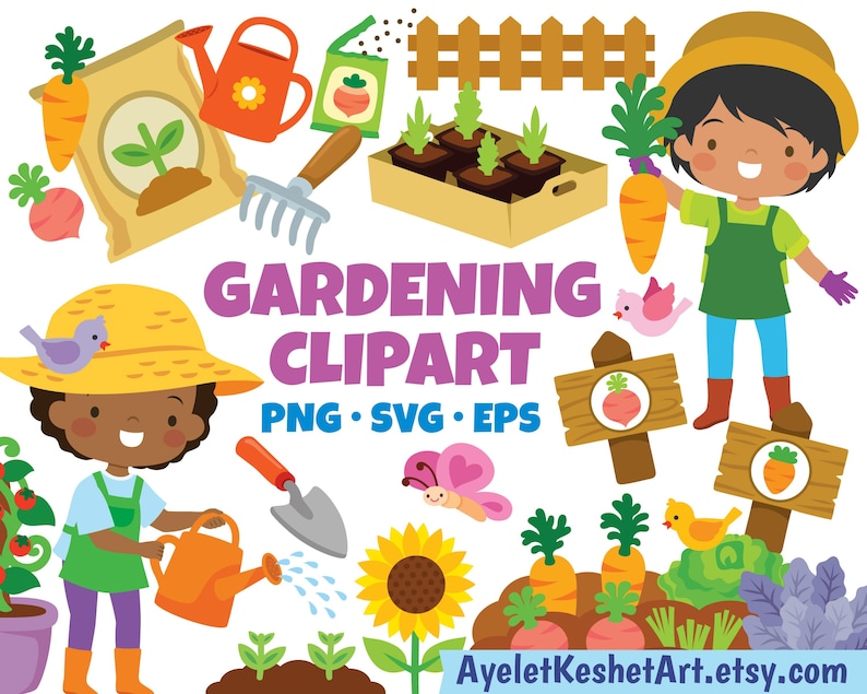 May include: A set of colorful gardening clipart illustrations featuring two children, a watering can, a sunflower, a rake, a shovel, a fence, a bag of seeds, a bird, a butterfly, a carrot, a sign, and a potted plant. The text "GARDENING CLIPART PNG SVG EPS" is displayed in purple and blue.