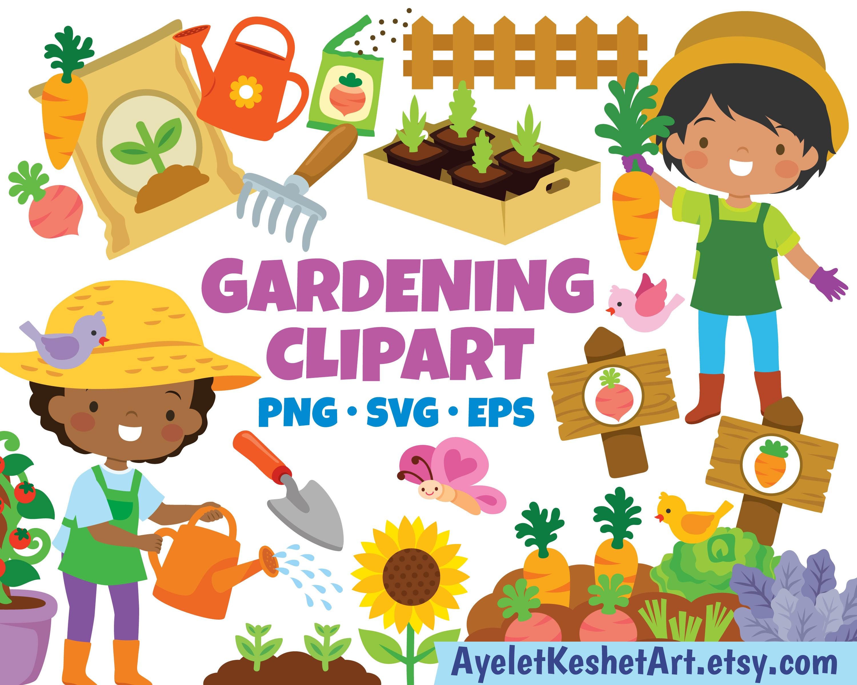 Gartenarbeit Clipart-Set - Gemüsegarten, Werkzeuge & Gartenarbeit (PNG, SVG, EPS). Für den persönlichen und kleinen kommerziellen Gebrauch.