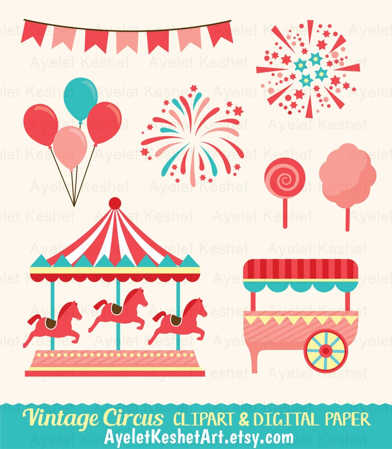 Vintage circus clipart bundle and digital paper. PNG, SVG and EPS vector files. For personal & commercial use. image 6
