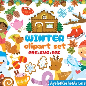 Conjunto de clipart de inverno - Crianças fofas, animais da floresta, neve e tudo para um inverno divertido e aconchegante. SVG, PNG, EPS. Para uso pessoal e comercial.