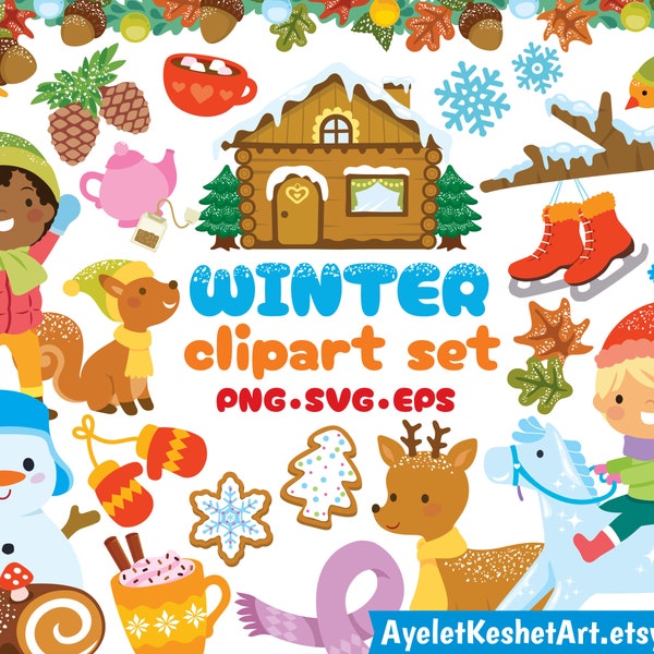 Winter clipart set - Cute kids, woodland animals, snow and everything for a fun, cozy winter. SVG, PNG, EPS. For personal & commercial use.