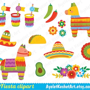 May include: A set of colorful digital clipart images featuring a fiesta theme. The images include a sombrero, a pinata, a taco, a flower garland, and other festive elements.