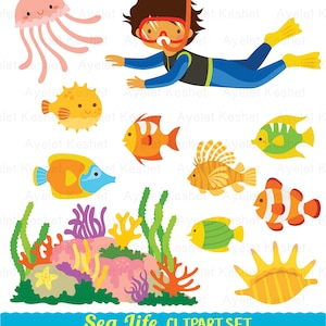 May include: A set of colorful sea life clipart illustrations, including a scuba diver, a jellyfish, a pufferfish, a seahorse, a lionfish, a clownfish, a starfish, coral, and a seashell. The clipart is perfect for creating invitations, cards, and other crafts.
