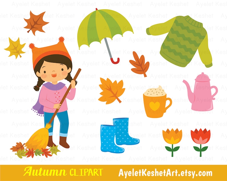 Cute fall clipart set with autumn leaves, kids, forest animals and items for fall. Personal & commercial use. PNG, SVG, EPS vector files. image 5