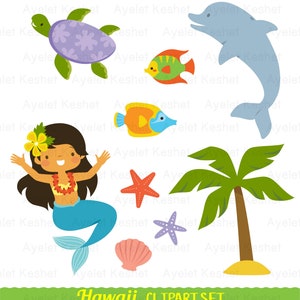 Puede incluir: Un conjunto de im&aacute;genes de clipart digitales coloridas que incluyen una sirena, un delf&iacute;n, una tortuga, una palmera, estrellas de mar, conchas y peces. Las im&aacute;genes son perfectas para crear invitaciones, tarjetas y otras manualidades.