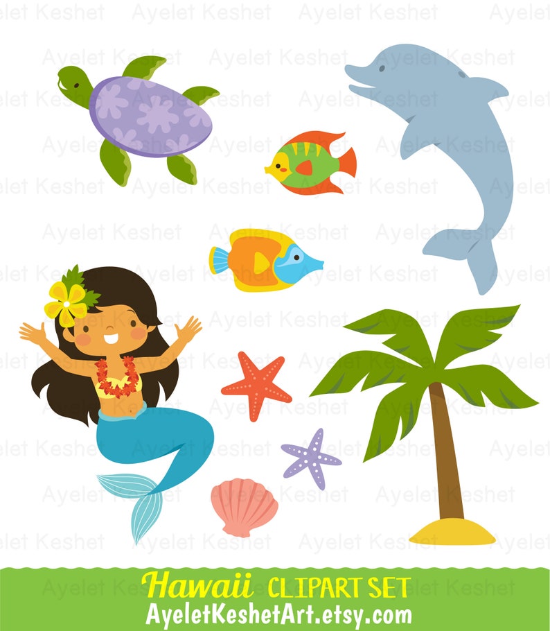 Puede incluir: Un conjunto de im&aacute;genes de clipart digitales coloridas que incluyen una sirena, un delf&iacute;n, una tortuga, una palmera, estrellas de mar, conchas y peces. Las im&aacute;genes son perfectas para crear invitaciones, tarjetas y otras manualidades.