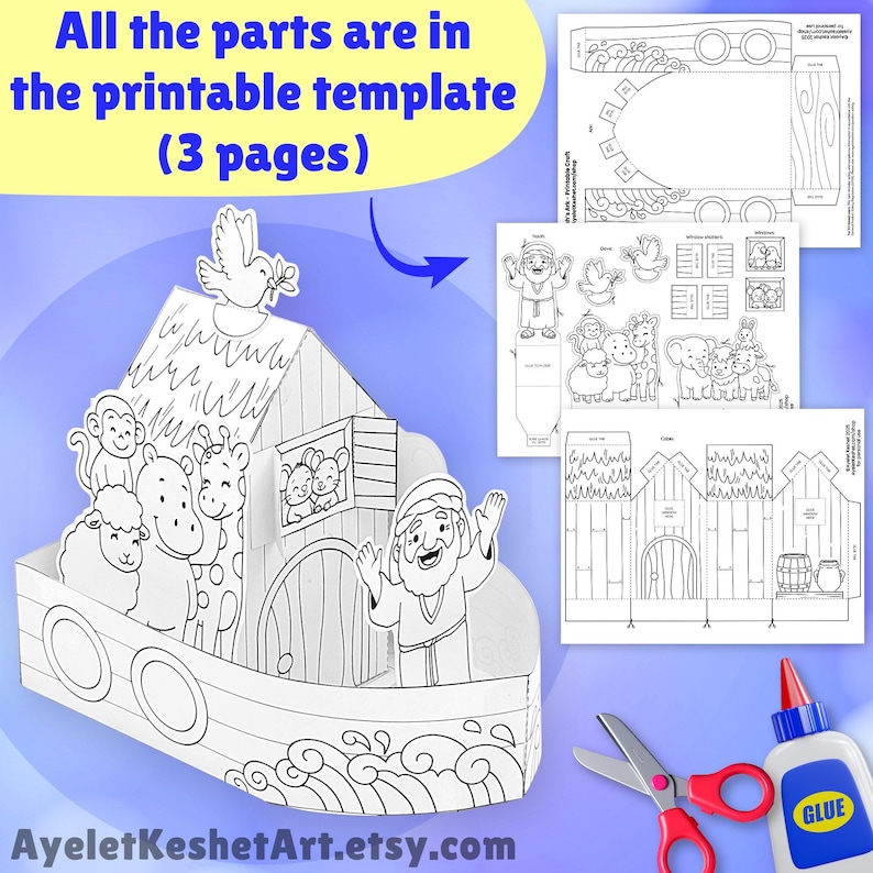 May include: A black and white printable template of Noah's Ark with animals, a dove, and Noah. The template includes three pages with all the parts needed to assemble the ark. The text "All the parts are in the printable template (3 pages)" is visible.