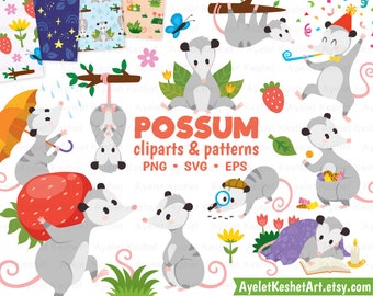 Possum clipart set with digital papers. Cute animal clipart graphics in PNG, SVG and EPS vector files. Digital files, Instant download.