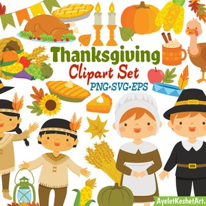 Thanksgiving clipart set with natives and pilgrims, autumn leaves, pumpkins and items for fall. PNG, SVG, EPS vector files. image 1