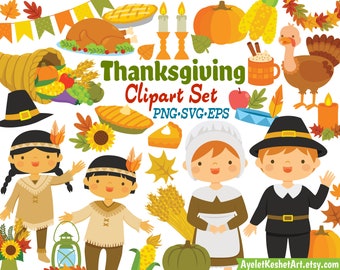 Thanksgiving clipart set with natives and pilgrims, autumn leaves, pumpkins and items for fall. PNG, SVG, EPS vector files.