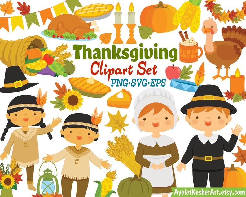 Thanksgiving clipart set with natives and pilgrims, autumn leaves, pumpkins and items for fall. PNG, SVG, EPS vector files. image 1