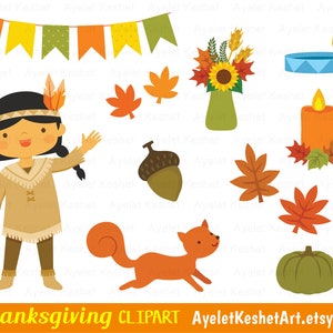 Thanksgiving clipart set with natives and pilgrims, autumn leaves, pumpkins and items for fall. PNG, SVG, EPS vector files. image 3