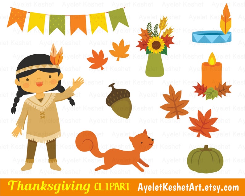 Thanksgiving clipart set with natives and pilgrims, autumn leaves, pumpkins and items for fall. PNG, SVG, EPS vector files. image 3