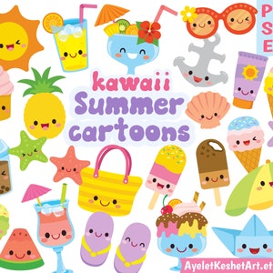 Summer clipart set with cute kawaii cartoon characters. 34 digital clipart graphics in PNG, SVG and EPS files. Personal & commercial use.