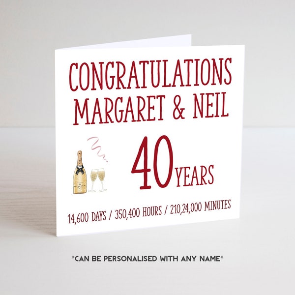 40th Wedding Anniversary Card, Personalised Ruby Wedding Card, Congratulations On Your Anniversary