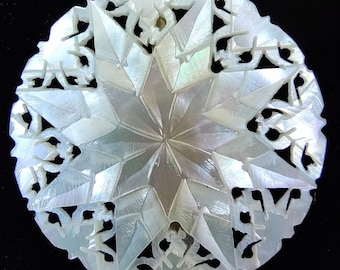 Puede incluir: Botón redondo de nácar iridiscente con diseño de estrella. El botón presenta una estrella central y un anillo exterior de intrincados patrones calados. El botón es blanco con sutiles matices de color. Diámetro: aprox. 4 cm.