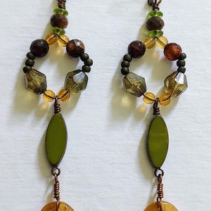 Handcrafted Bohemian style dangle drop earrings with wire wrap, crystals, polished stones
