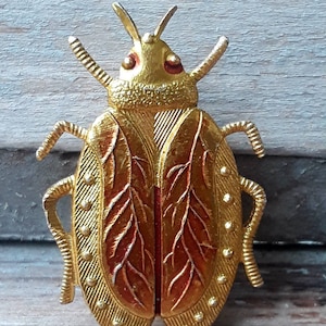May include: A gold-colored beetle brooch with red accents and a detailed design. The wings are textured with a leaf pattern.