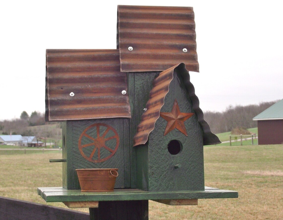 LARGE Bird House Green Triple Barn Style Bird House Hand Made Etsy