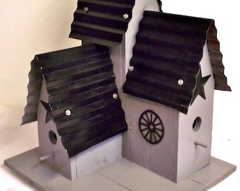 Gray and Black Triple Bird House Black Roof and  Barn Star Hand Made Bird House Grey Outdoor Birdhouse Large