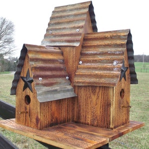 CEDAR Bird House, Large Outdoor Burnt Cedar Triple bird house, Old Tin Top Hand Made with Black Barn star Blue Birds