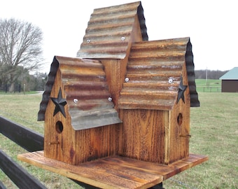 CEDAR Bird House, Large Outdoor Burnt Cedar Triple bird house, Old Tin Top Hand Made with Black Barn star Blue Birds
