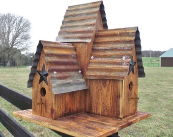 CEDAR Bird House, Large Outdoor Burnt Cedar Triple bird house, Old Tin Top Hand Made with Black Barn star Blue Birds