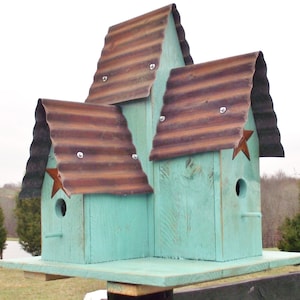 Bird House Turquoise Blue LARGE Triple Bird House Metal Roof with Rusty Barn Star Hand Made Bird House