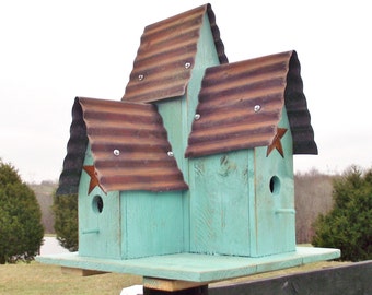 Bird House Turquoise Blue LARGE Triple Bird House Metal Roof with Rusty Barn Star Hand Made Bird House