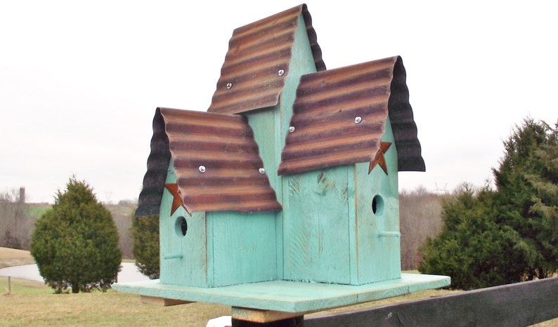Bird House Turquoise Blue Large Triple Bird House Metal Roof Etsy