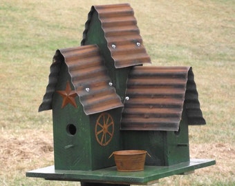 LARGE Bird House Green Triple Barn Style Bird House Hand Made Oil Stained Repurposed wood Old Re-purposed Tin with Rusty Star