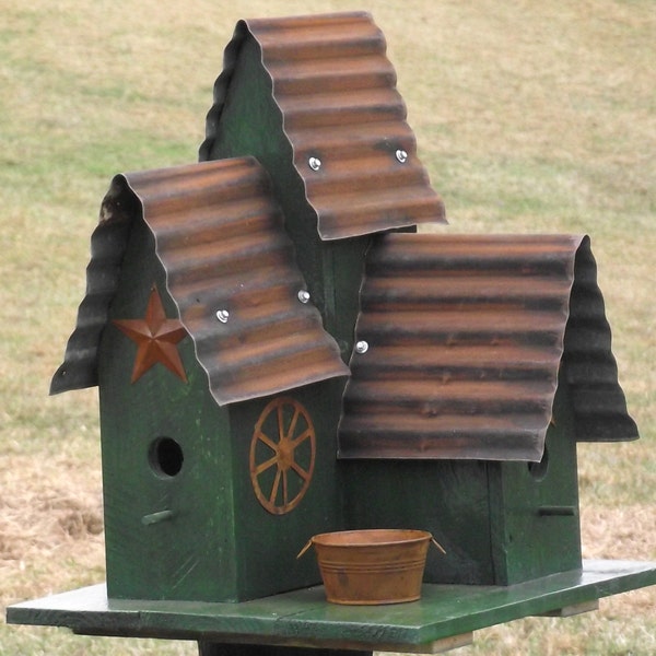 LARGE Bird House Green Triple Barn Style Bird House Hand Made Oil Stained Repurposed wood Old Re-purposed Tin with Rusty Star