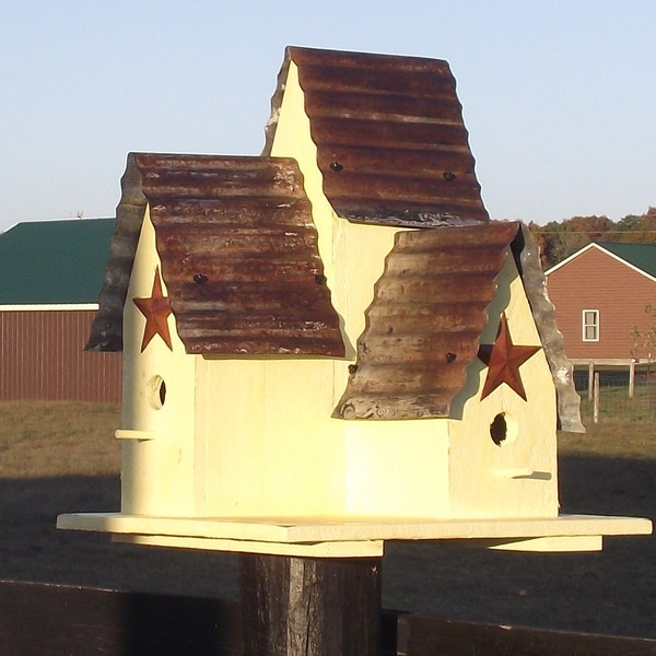 Bird House LARGE Outdoor Bird house Yellow Triple Bird House Metal Roof with Rusty Barn Stars Hand Made